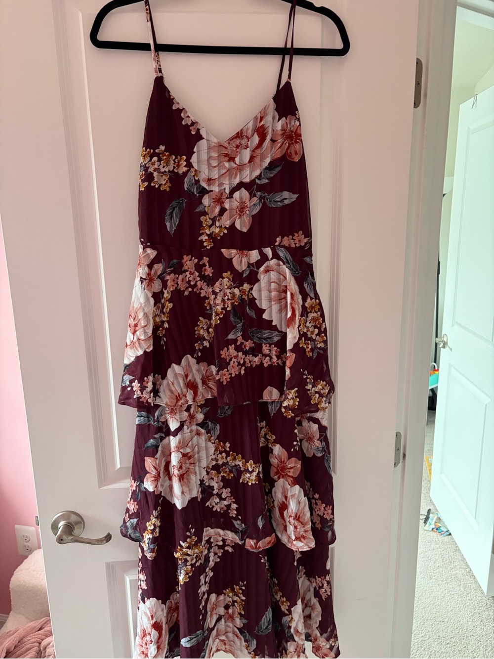 Lulu's Burgundy Floral Tiered Midi Dress